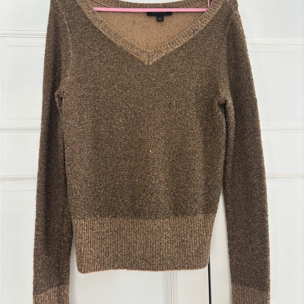 Ann Taylor V-Neck Metallic Brown Sparkle Sweater